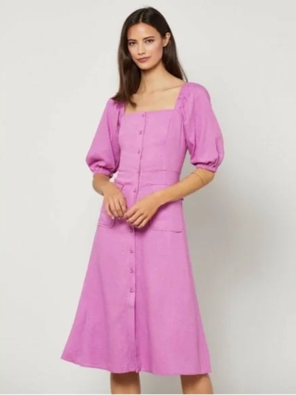 BCBGMaxAzria Square Neck Button-Front Midi Dress in Magenta